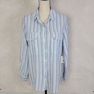 A.n.a Blue And White Striped Preppy Cotton Long Sleeve Button Down Sz L NEW
